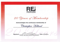 The Real Estate Institute of SA acknowledges Chris Holland's 20 years of continuous membership.